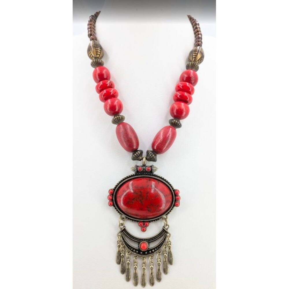 Statement Necklace Red Wood Beads Brass Tone Tribal Cabochon Pendant Fringe 88g